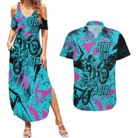 Personalized Ride Like a Girl Couples Matching Summer Maxi Dress and Hawaiian Shirt Motocross Graphic and Turquoise Pink Graffiti Design - Wonder Print Shop