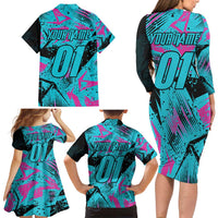 Personalized Ride Like a Girl Family Matching Long Sleeve Bodycon Dress and Hawaiian Shirt Motocross Graphic and Turquoise Pink Graffiti Design - Wonder Print Shop