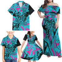 Personalized Ride Like a Girl Family Matching Off Shoulder Maxi Dress and Hawaiian Shirt Motocross Graphic and Turquoise Pink Graffiti Design - Wonder Print Shop