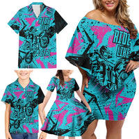Personalized Ride Like a Girl Family Matching Off Shoulder Short Dress and Hawaiian Shirt Motocross Graphic and Turquoise Pink Graffiti Design - Wonder Print Shop