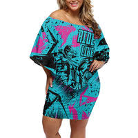 Personalized Ride Like a Girl Family Matching Off Shoulder Short Dress and Hawaiian Shirt Motocross Graphic and Turquoise Pink Graffiti Design - Wonder Print Shop