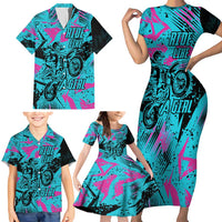 Personalized Ride Like a Girl Family Matching Short Sleeve Bodycon Dress and Hawaiian Shirt Motocross Graphic and Turquoise Pink Graffiti Design - Wonder Print Shop