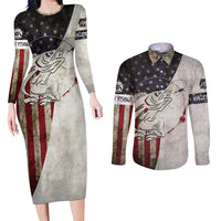 Walleye Fishing Couples Matching Long Sleeve Bodycon Dress and Long Sleeve Button Shirt American Flag Vintage Design and Custom Name Option - Wonder Print Shop