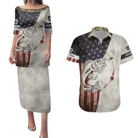 Walleye Fishing Couples Matching Puletasi and Hawaiian Shirt American Flag Vintage Design and Custom Name Option - Wonder Print Shop