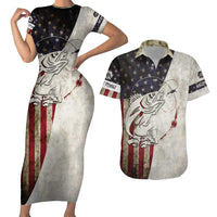 Walleye Fishing Couples Matching Short Sleeve Bodycon Dress and Hawaiian Shirt American Flag Vintage Design and Custom Name Option - Wonder Print Shop