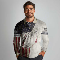 Walleye Fishing Long Sleeve Polo Shirt American Flag Vintage Design and Custom Name Option - Wonder Print Shop
