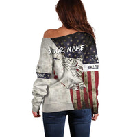 Walleye Fishing Off Shoulder Sweater American Flag Vintage Design and Custom Name Option - Wonder Print Shop