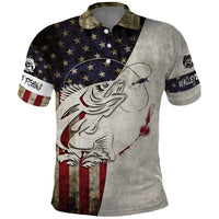 Walleye Fishing Polo Shirt American Flag Vintage Design and Custom Name Option - Wonder Print Shop