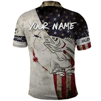 Walleye Fishing Polo Shirt American Flag Vintage Design and Custom Name Option - Wonder Print Shop