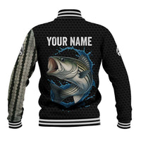 Striped Bass Jumping Baseball Jacket Blue Splash Graphic and Custom Name Design - Wonder Print Shop