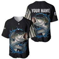 Striped Bass Jumping Baseball Jersey Blue Splash Graphic and Custom Name Design - Wonder Print Shop