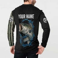 Striped Bass Jumping Button Sweatshirt Blue Splash Graphic and Custom Name Design - Wonder Print Shop