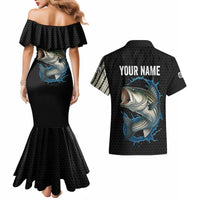 Striped Bass Jumping Couples Matching Mermaid Dress and Hawaiian Shirt Blue Splash Graphic and Custom Name Design - Wonder Print Shop