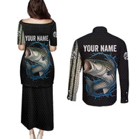 Striped Bass Jumping Couples Matching Puletasi and Long Sleeve Button Shirt Blue Splash Graphic and Custom Name Design - Wonder Print Shop