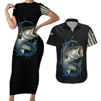 Striped Bass Jumping Couples Matching Short Sleeve Bodycon Dress and Hawaiian Shirt Blue Splash Graphic and Custom Name Design - Wonder Print Shop