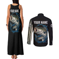 Striped Bass Jumping Couples Matching Tank Maxi Dress and Long Sleeve Button Shirt Blue Splash Graphic and Custom Name Design - Wonder Print Shop