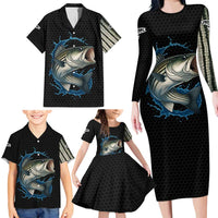 Striped Bass Jumping Family Matching Long Sleeve Bodycon Dress and Hawaiian Shirt Blue Splash Graphic and Custom Name Design - Wonder Print Shop