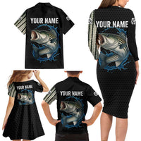 Striped Bass Jumping Family Matching Long Sleeve Bodycon Dress and Hawaiian Shirt Blue Splash Graphic and Custom Name Design - Wonder Print Shop
