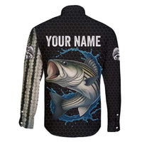 Striped Bass Jumping Family Matching Long Sleeve Bodycon Dress and Hawaiian Shirt Blue Splash Graphic and Custom Name Design - Wonder Print Shop