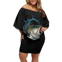 Striped Bass Jumping Family Matching Off Shoulder Short Dress and Hawaiian Shirt Blue Splash Graphic and Custom Name Design - Wonder Print Shop