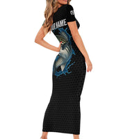 Striped Bass Jumping Family Matching Short Sleeve Bodycon Dress and Hawaiian Shirt Blue Splash Graphic and Custom Name Design - Wonder Print Shop