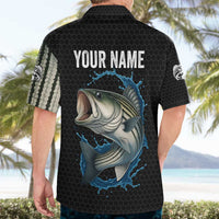 Striped Bass Jumping Hawaiian Shirt Blue Splash Graphic and Custom Name Design - Wonder Print Shop