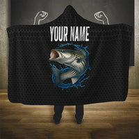 Striped Bass Jumping Hooded Blanket Blue Splash Graphic and Custom Name Design - Wonder Print Shop