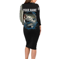 Striped Bass Jumping Long Sleeve Bodycon Dress Blue Splash Graphic and Custom Name Design - Wonder Print Shop