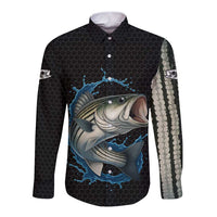 Striped Bass Jumping Long Sleeve Button Shirt Blue Splash Graphic and Custom Name Design - Wonder Print Shop