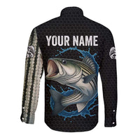 Striped Bass Jumping Long Sleeve Button Shirt Blue Splash Graphic and Custom Name Design - Wonder Print Shop