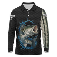Striped Bass Jumping Long Sleeve Polo Shirt Blue Splash Graphic and Custom Name Design - Wonder Print Shop