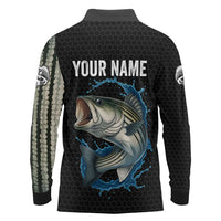 Striped Bass Jumping Long Sleeve Polo Shirt Blue Splash Graphic and Custom Name Design - Wonder Print Shop
