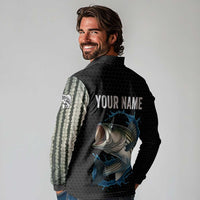Striped Bass Jumping Long Sleeve Polo Shirt Blue Splash Graphic and Custom Name Design - Wonder Print Shop