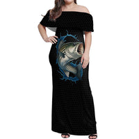 Striped Bass Jumping Off Shoulder Maxi Dress Blue Splash Graphic and Custom Name Design - Wonder Print Shop