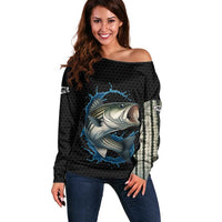 Striped Bass Jumping Off Shoulder Sweater Blue Splash Graphic and Custom Name Design - Wonder Print Shop