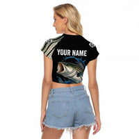 Striped Bass Jumping Raglan Cropped T Shirt Blue Splash Graphic and Custom Name Design - Wonder Print Shop