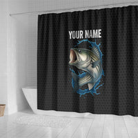 Striped Bass Jumping Shower Curtain Blue Splash Graphic and Custom Name Design - Wonder Print Shop