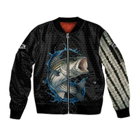 Striped Bass Jumping Sleeve Zip Bomber Jacket Blue Splash Graphic and Custom Name Design - Wonder Print Shop