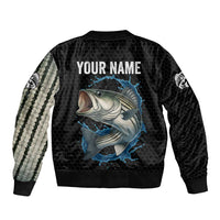 Striped Bass Jumping Sleeve Zip Bomber Jacket Blue Splash Graphic and Custom Name Design - Wonder Print Shop