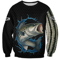 Striped Bass Jumping Sweatshirt Blue Splash Graphic and Custom Name Design - Wonder Print Shop