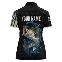 Striped Bass Jumping Women Polo Shirt Blue Splash Graphic and Custom Name Design - Wonder Print Shop