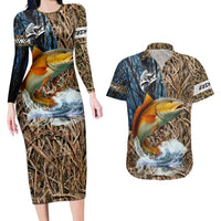 Redfish Splashing in Marsh Grass Couples Matching Long Sleeve Bodycon Dress and Hawaiian Shirt Custom Name and Nature Background Design - Wonder Print Shop