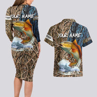 Redfish Splashing in Marsh Grass Couples Matching Long Sleeve Bodycon Dress and Hawaiian Shirt Custom Name and Nature Background Design - Wonder Print Shop