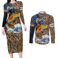 Redfish Splashing in Marsh Grass Couples Matching Long Sleeve Bodycon Dress and Long Sleeve Button Shirt Custom Name and Nature Background Design - Wonder Print Shop