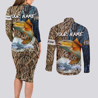Redfish Splashing in Marsh Grass Couples Matching Long Sleeve Bodycon Dress and Long Sleeve Button Shirt Custom Name and Nature Background Design - Wonder Print Shop