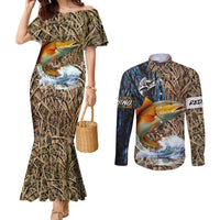 Redfish Splashing in Marsh Grass Couples Matching Mermaid Dress and Long Sleeve Button Shirt Custom Name and Nature Background Design - Wonder Print Shop