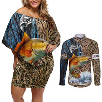 Redfish Splashing in Marsh Grass Couples Matching Off Shoulder Short Dress and Long Sleeve Button Shirt Custom Name and Nature Background Design - Wonder Print Shop