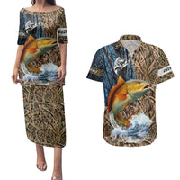 Redfish Splashing in Marsh Grass Couples Matching Puletasi and Hawaiian Shirt Custom Name and Nature Background Design - Wonder Print Shop