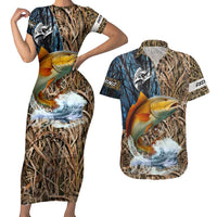 Redfish Splashing in Marsh Grass Couples Matching Short Sleeve Bodycon Dress and Hawaiian Shirt Custom Name and Nature Background Design - Wonder Print Shop