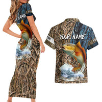 Redfish Splashing in Marsh Grass Couples Matching Short Sleeve Bodycon Dress and Hawaiian Shirt Custom Name and Nature Background Design - Wonder Print Shop